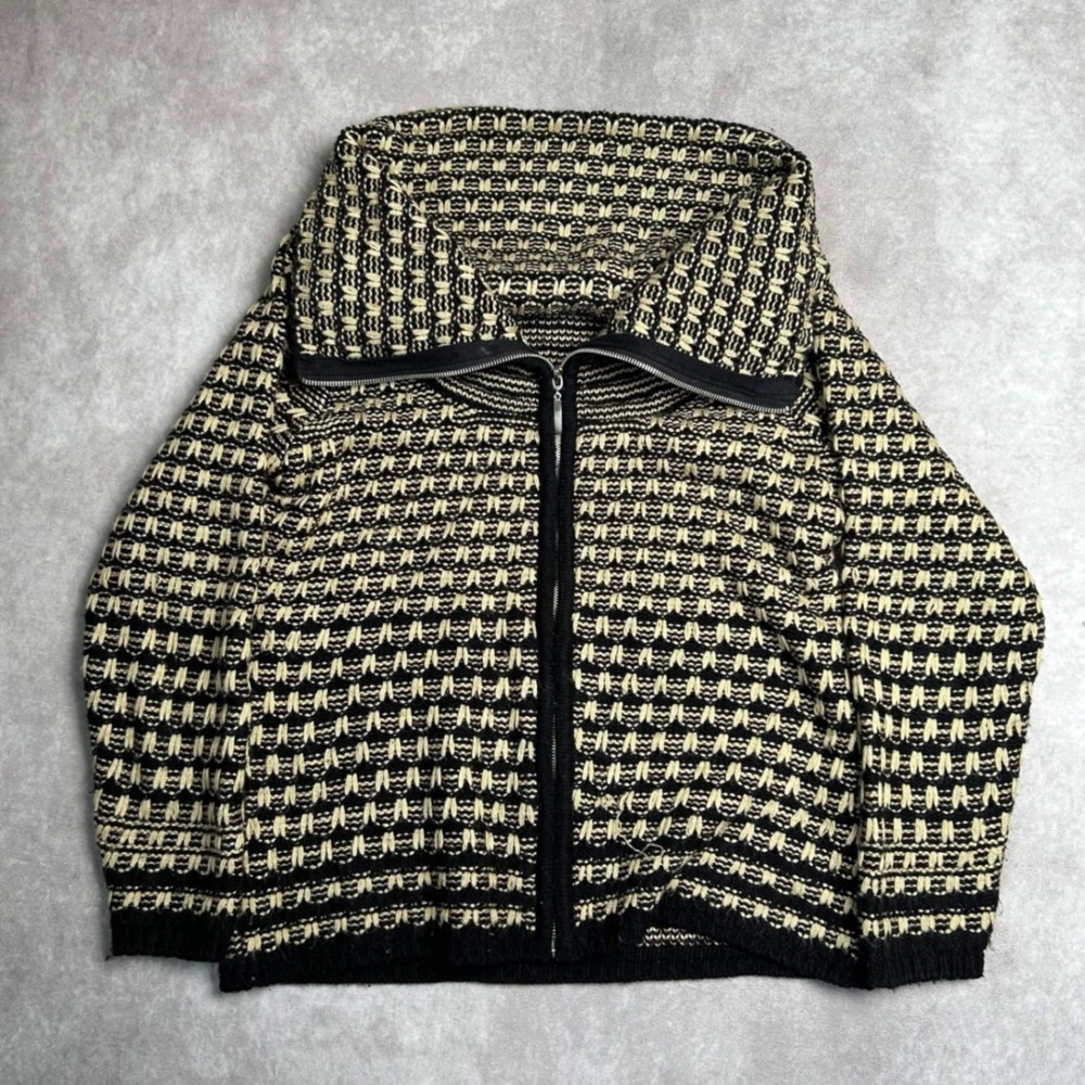 Willi Smith Womens Black Cream Geometric Wool Blend Full Zip Sweater L